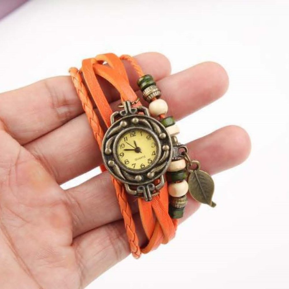 Beaded Bracelet Boho Watch - Leaf Charm - Orange - Picture 1 of 9